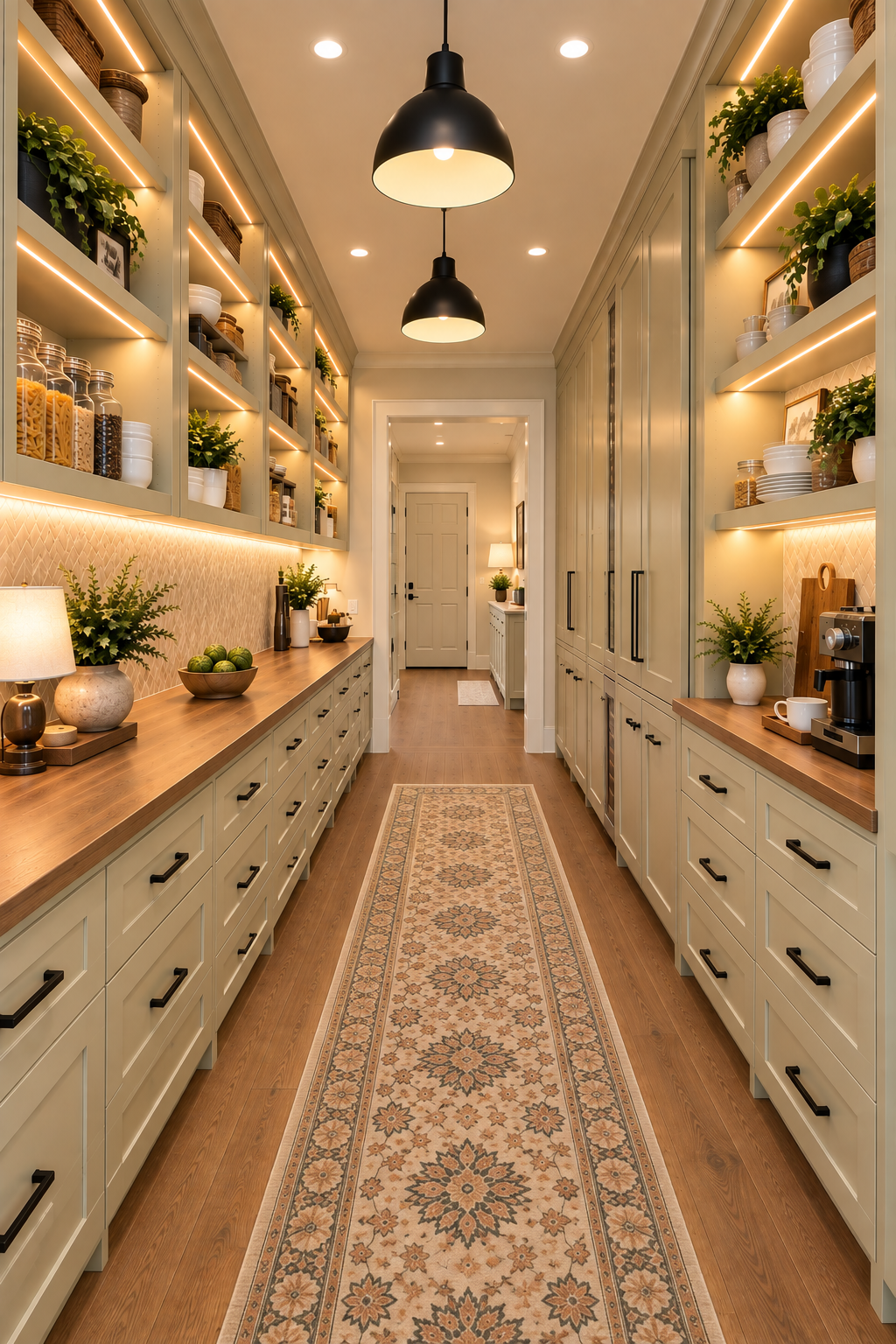 Warmly lit galley-style butler’s pantry with cream cabinets, wood countertops, open shelves, pantry jars, plants, pendant lights, and a patterned runner rug