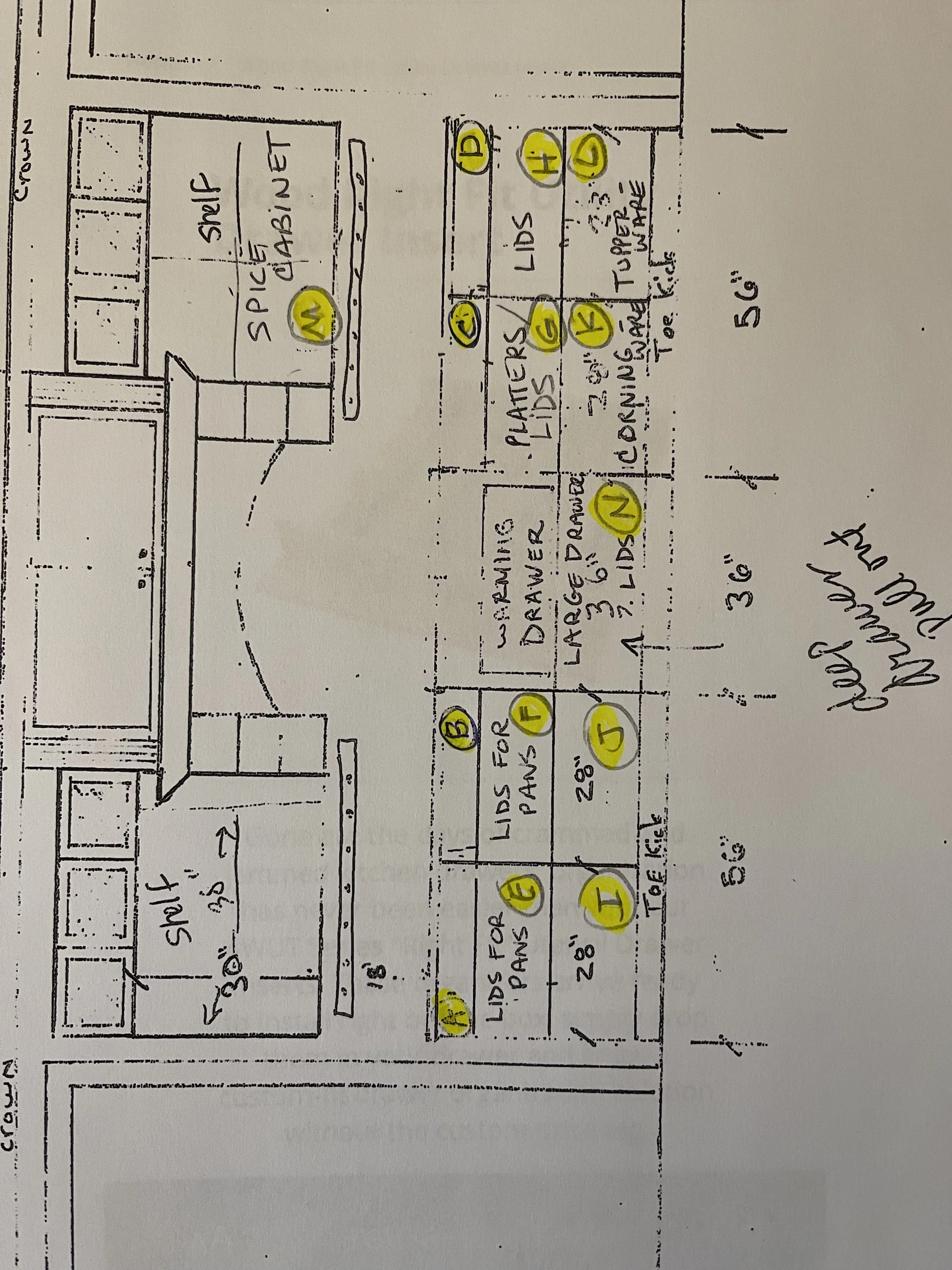 Hand-drawn interior kitchen layout with labeled cabinets and appliances, including a splash shelf, sink, and various dimensions, with highlighted numbered labels.