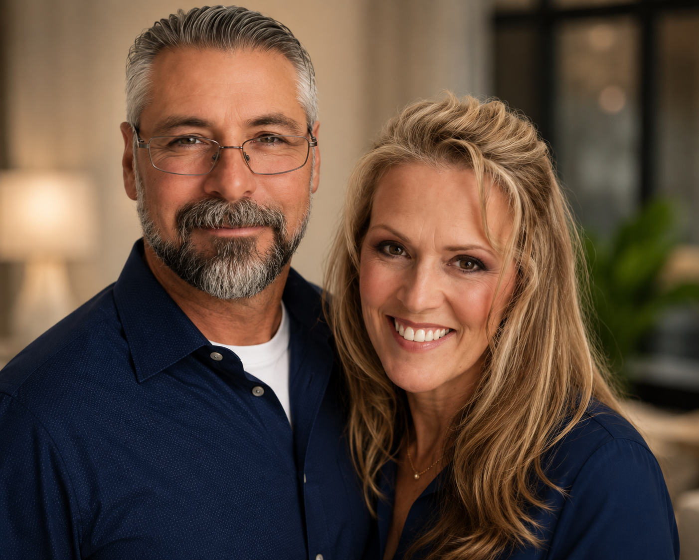Smiling middle-aged couple posing together indoors, with the man wearing glasses and a navy shirt and the woman wearing a navy blouse.