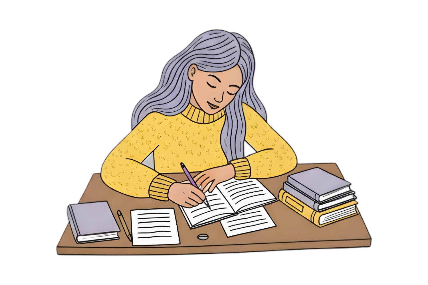 a cartoon with a girl with silver hair and a yellow sweater sitting at desk writing in a journal and surrounded by more journals.