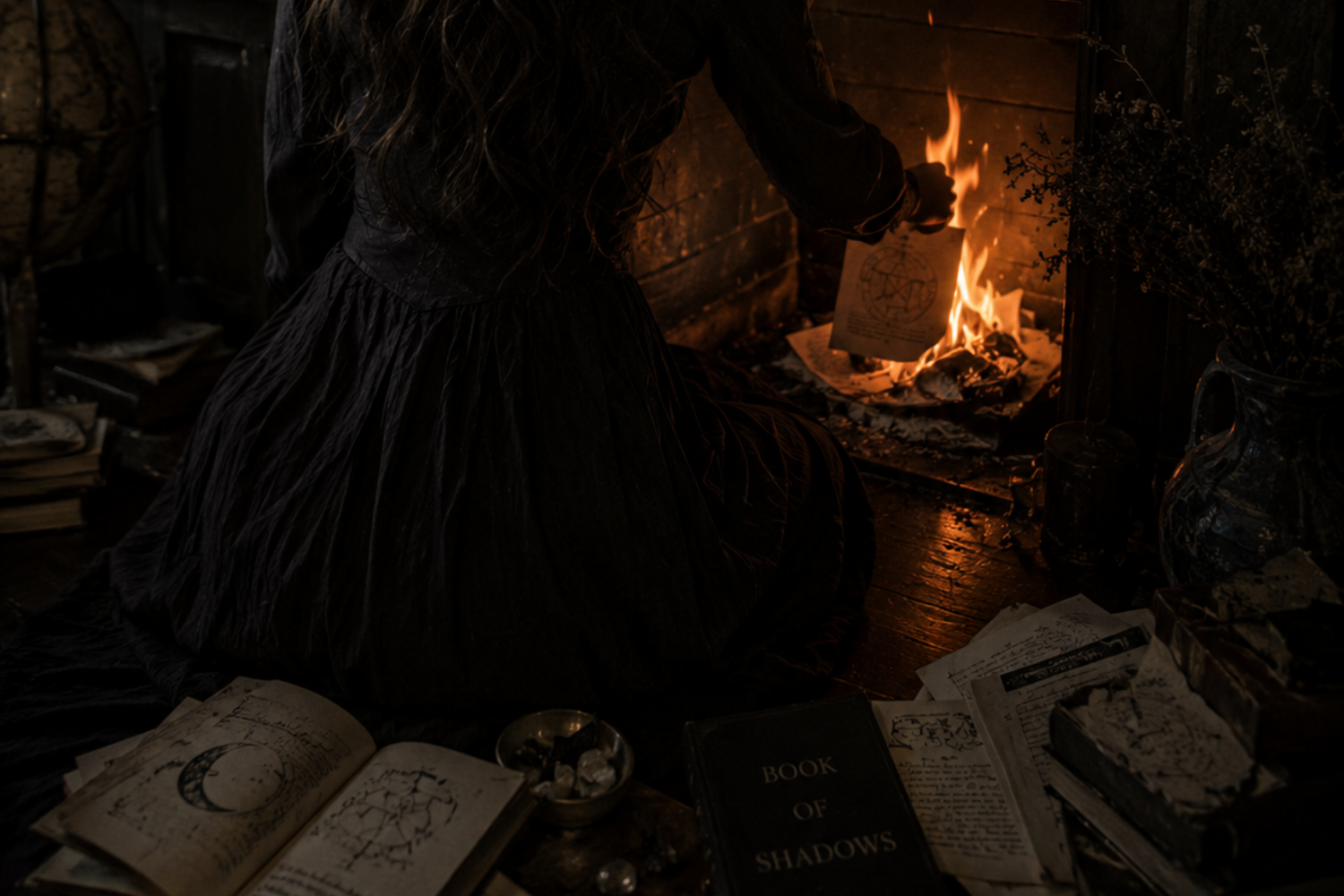 A brunette woman seen from behind kneels before a glowing fireplace in a dark academia library, burning remnants of occult writings among scattered antique books and candlelight.