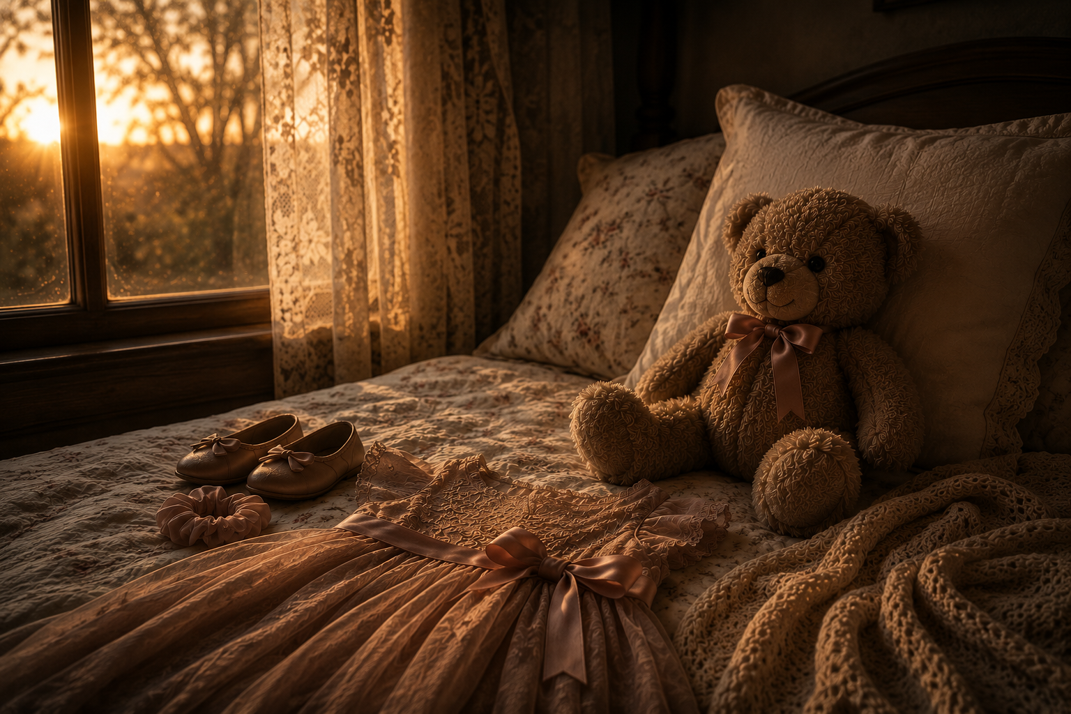 Soft golden sunset light pours through lace curtains onto a vintage bed holding a teddy bear, child’s dress, tiny shoes, and blanket, evoking the bittersweet feeling of childhood quietly fading into memory.