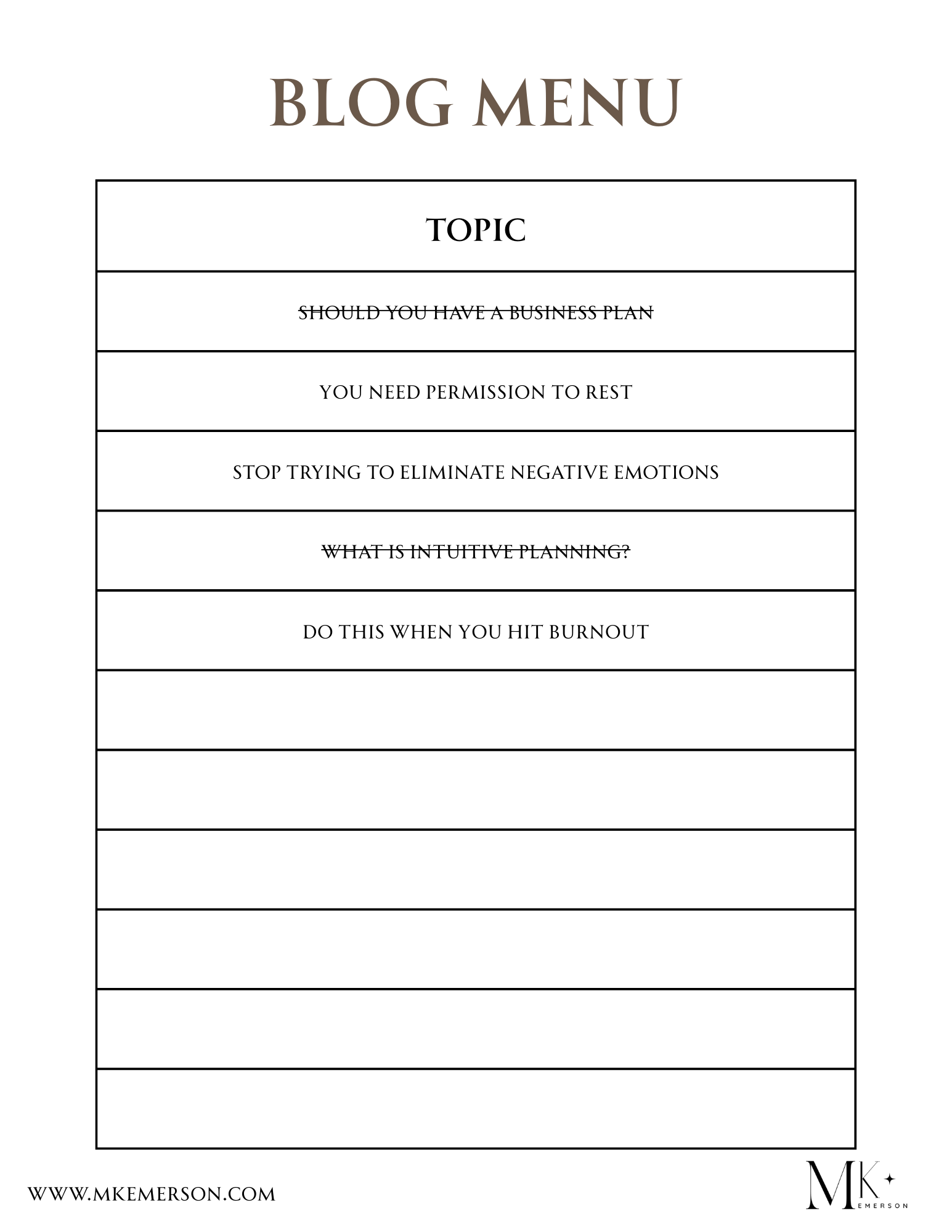 A picture of a list called Blog Menu with a list of blog titles to write about, with some crossed off indicating they are already written.