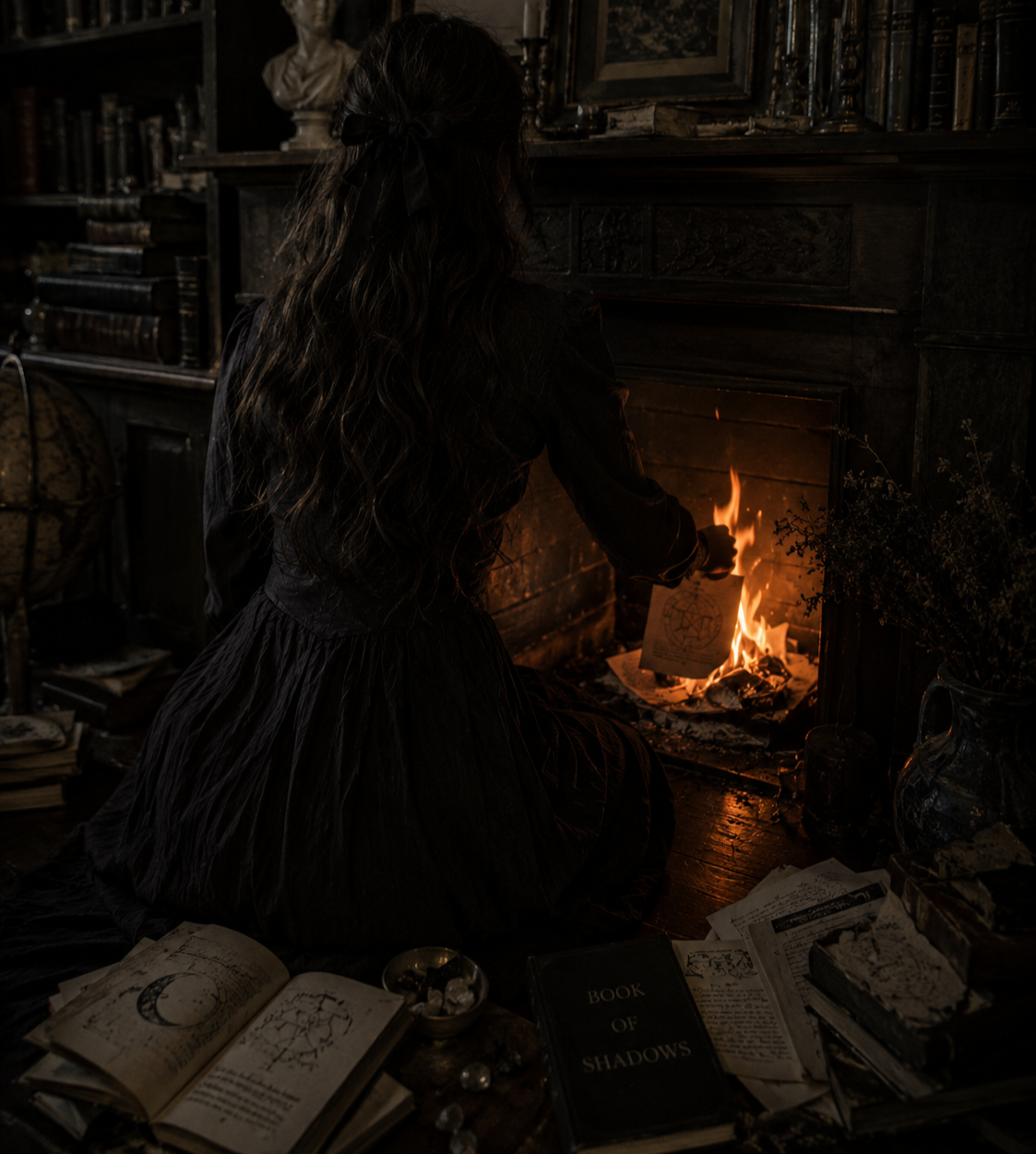 A brunette woman seen from behind kneels before a glowing fireplace in a dark academia library, burning remnants of occult writings among scattered antique books and candlelight.