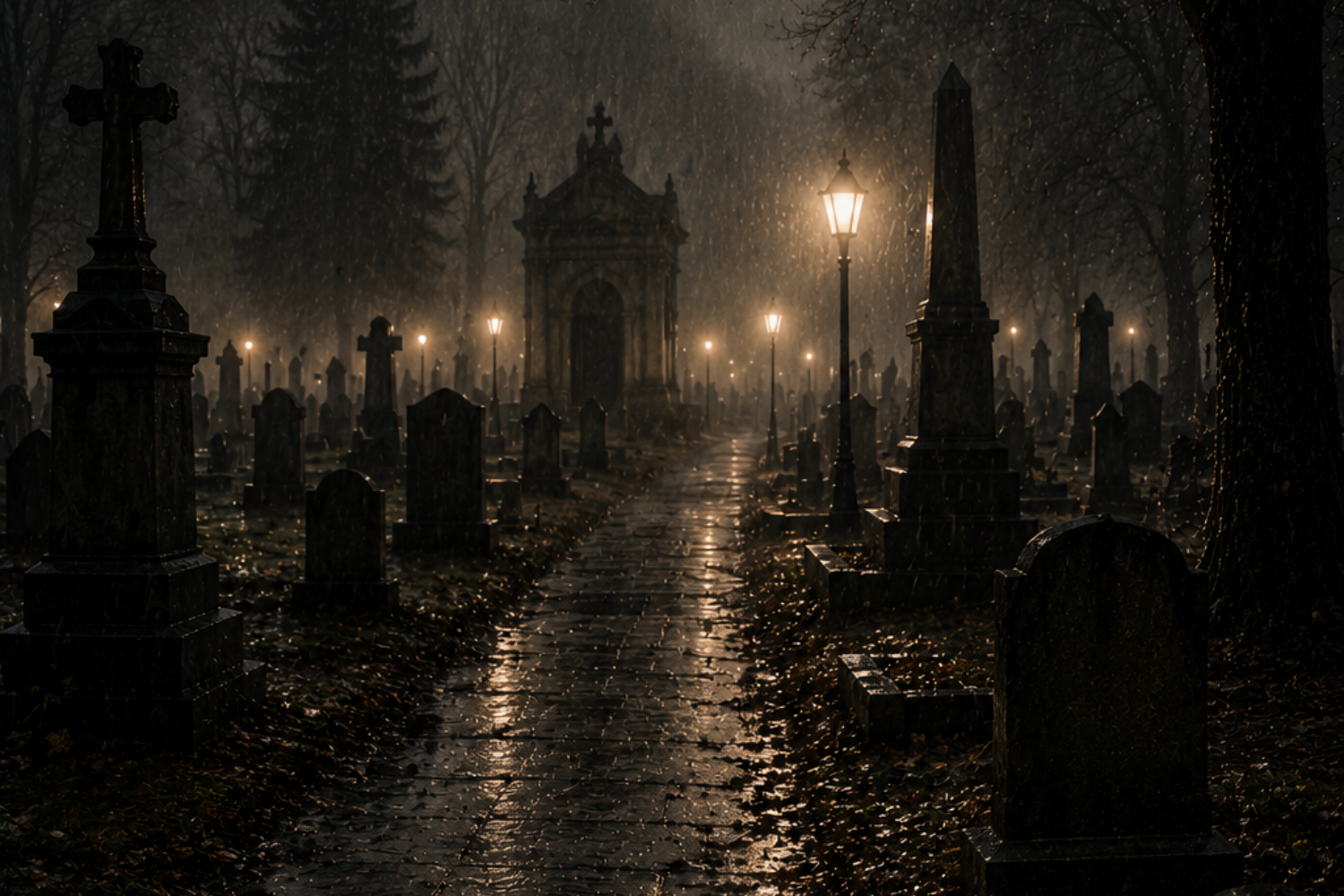 an image of a cemetery at night that has a mausoleum and is raining with lamp posts throughout.