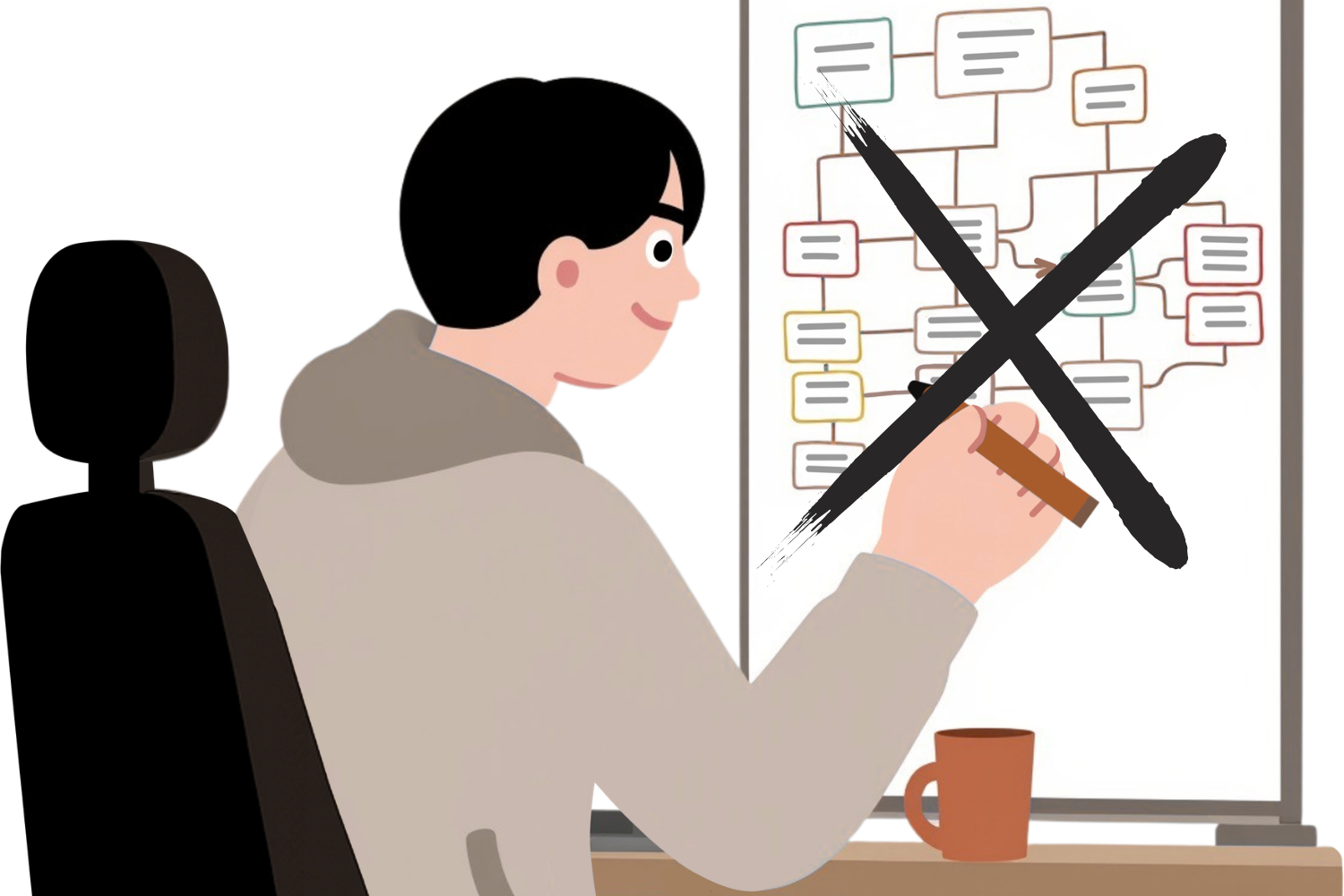 cartoon of a young man writing on a white board his business plan, sitting at desk, with a big X over the board showing not to have a traditional business plan.