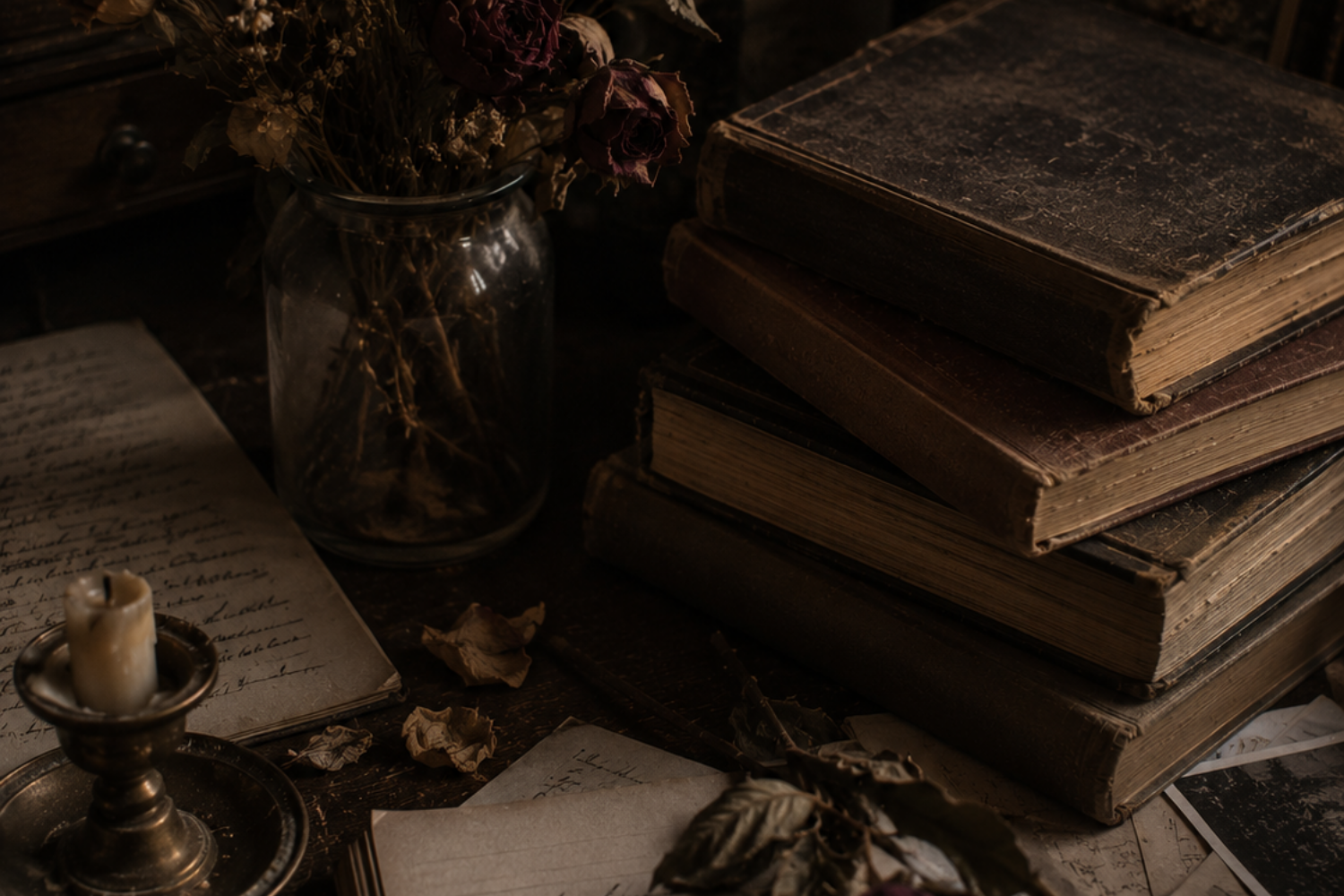Stack of dusty old books on a desk near a vase of dead flowers with petals on the desk and notes everywhere.