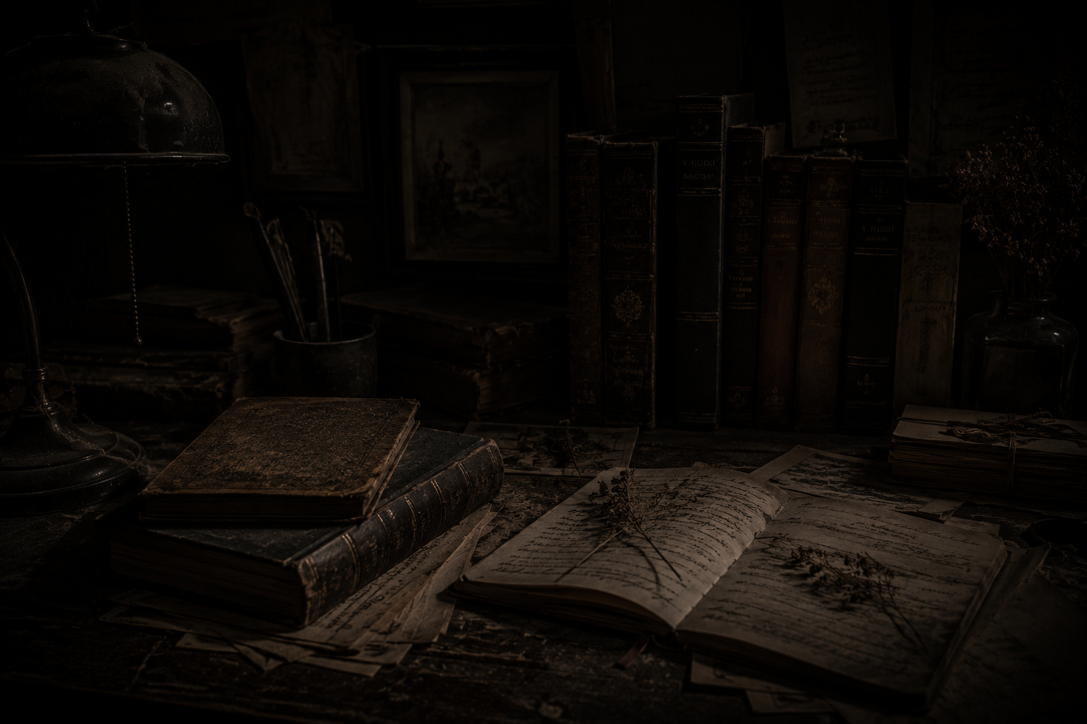 A desk with cobwebs and books scattered with old pictures and dead flowers.