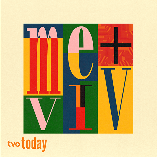 Colorful graphic design with the word 'metv' arranged in overlapping colored blocks, and the text 'tvo today' in orange at the bottom left.