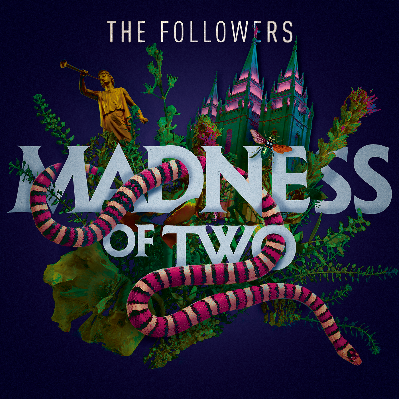 Promotional poster for "The Followers Mind of Two" featuring a snake, flowers, a castle, a statue of a woman with a trumpet, and a fly with a dragonfly, against a dark background.