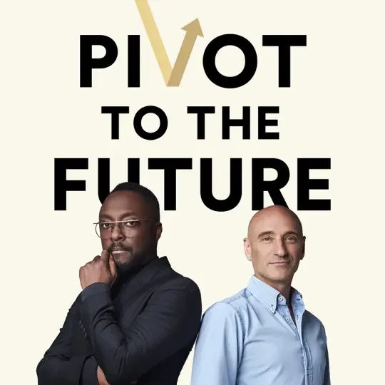 Poster with the text 'Pivot to the Future' and an upward arrow, featuring two men standing confidently, one with glasses and dark suit, the other with a blue shirt, against a light background.