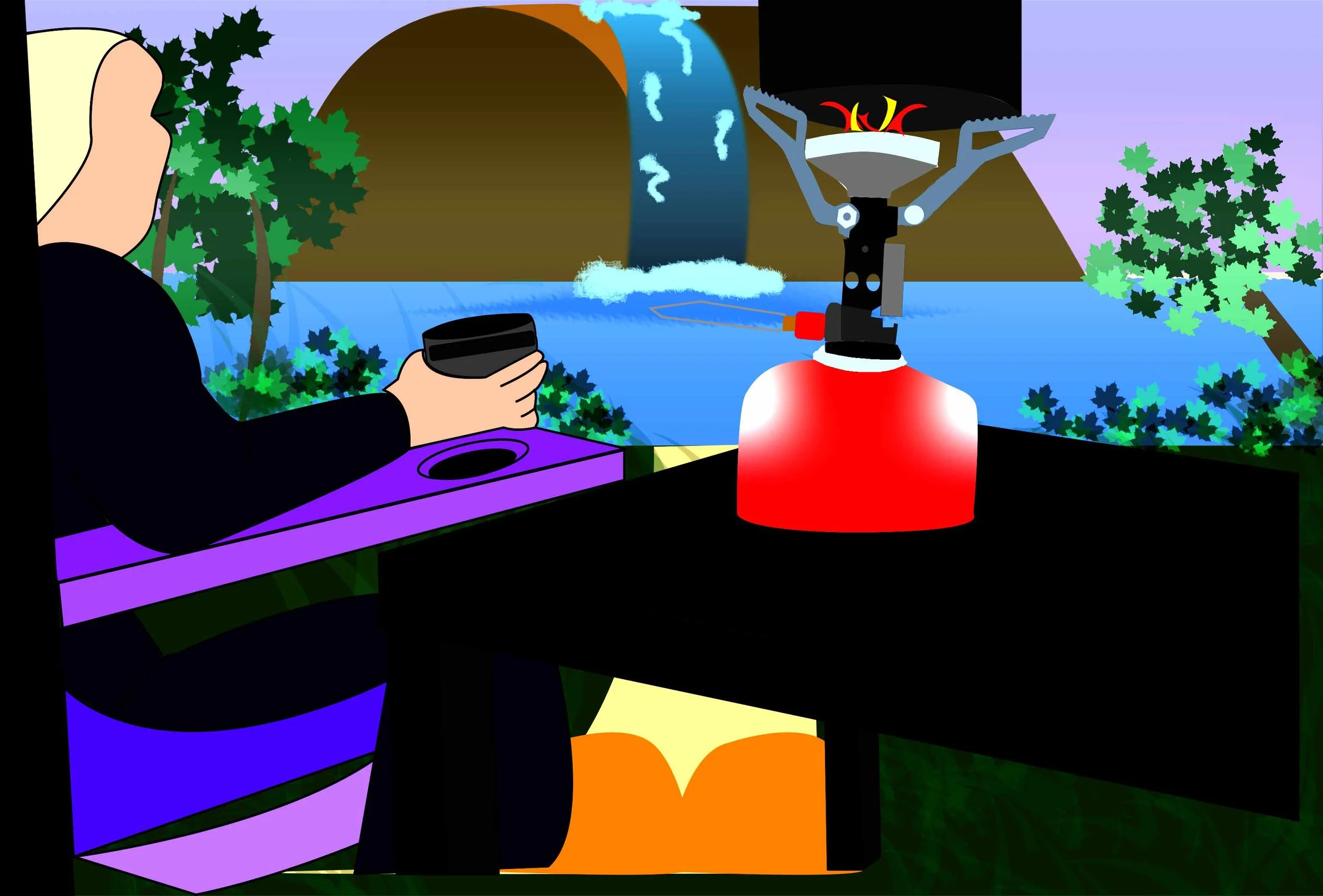 A person sitting at a table outdoors, holding a remote control, with a small camping stove with a red base and a burner on, in front of a scenic background of a waterfall, river, and trees.