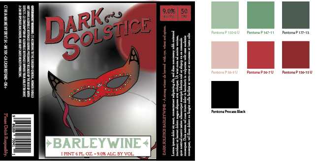 A beer label for 'Dark Solstice' with a halloween-themed eye mask illustration, describing a barley wine with 9% alcohol in a pint-sized container, featuring red, white, black, and green colors.