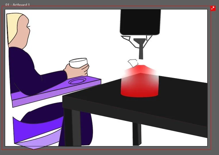 A woman with blonde hair sitting at a table with a purple placemat, holding a cup, while a 3D printer on the table prints an object with a red glow.