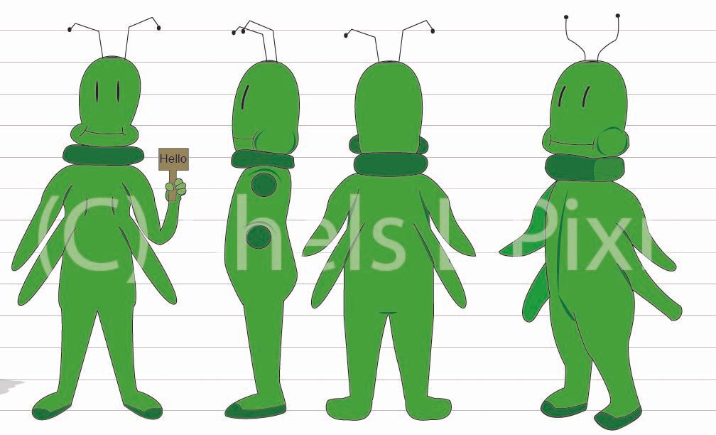 Four green cartoon insects with antennae standing in a lineup, one holding a sign that says 'Hello'.