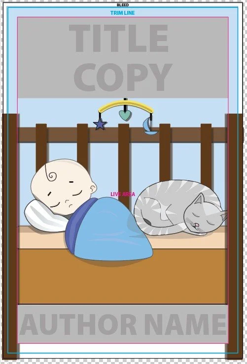 Cute illustration of a sleeping baby and a sleeping gray striped cat in a crib with mobile above, labeled as 'Live Area' and placeholder text for title, author name, and image bleed lines.