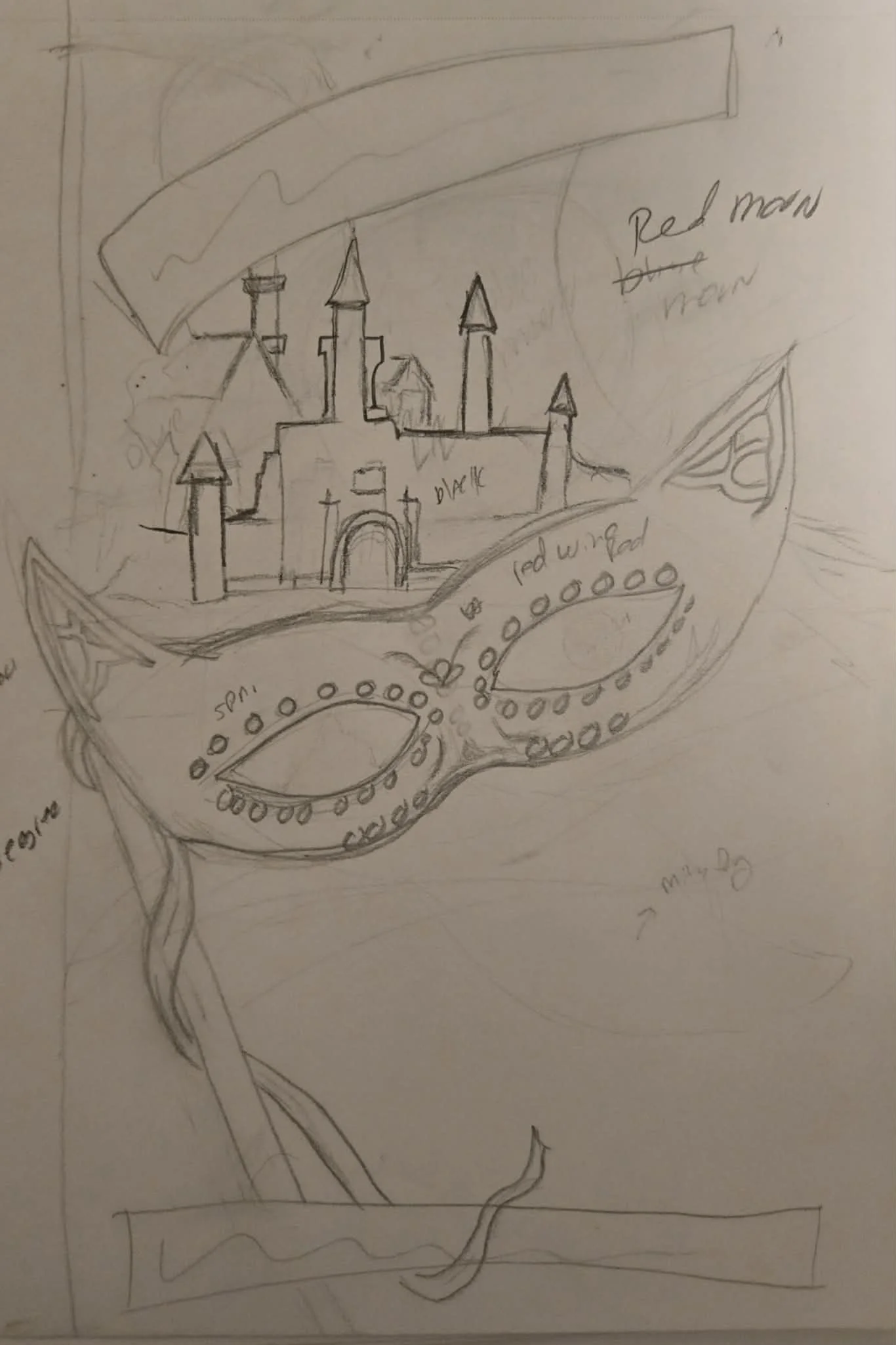 Hand-drawn sketch of a castle with tall towers at the top, a large archway entrance, and surrounding facial features including eyes, a nose, and a mouth with teeth. Various annotations label parts of the drawing, including "red man" and "red wing".