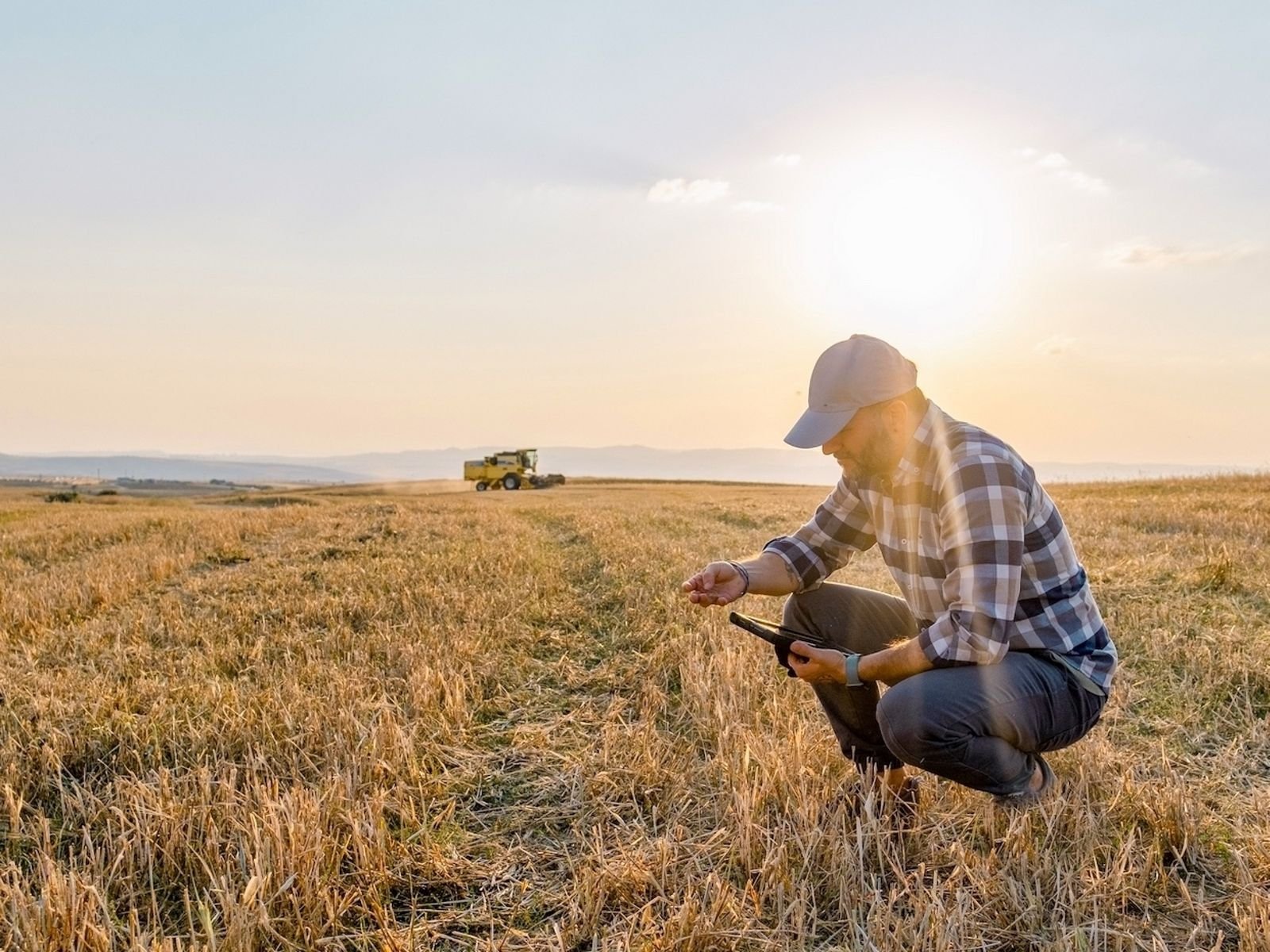 Photo of a farmer in a plaid shirt and baseball hat gathering data in a field. Monitoring and analysis help producers understand the agronomic, economic and environmental outcomes of sustainable practices over time.
