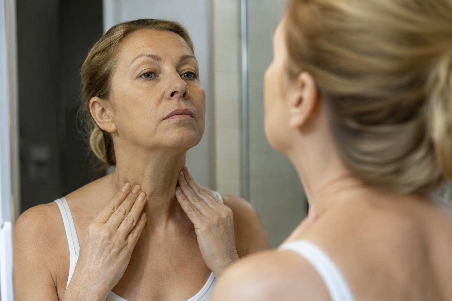 woman looking in mirror at neck skin laxity