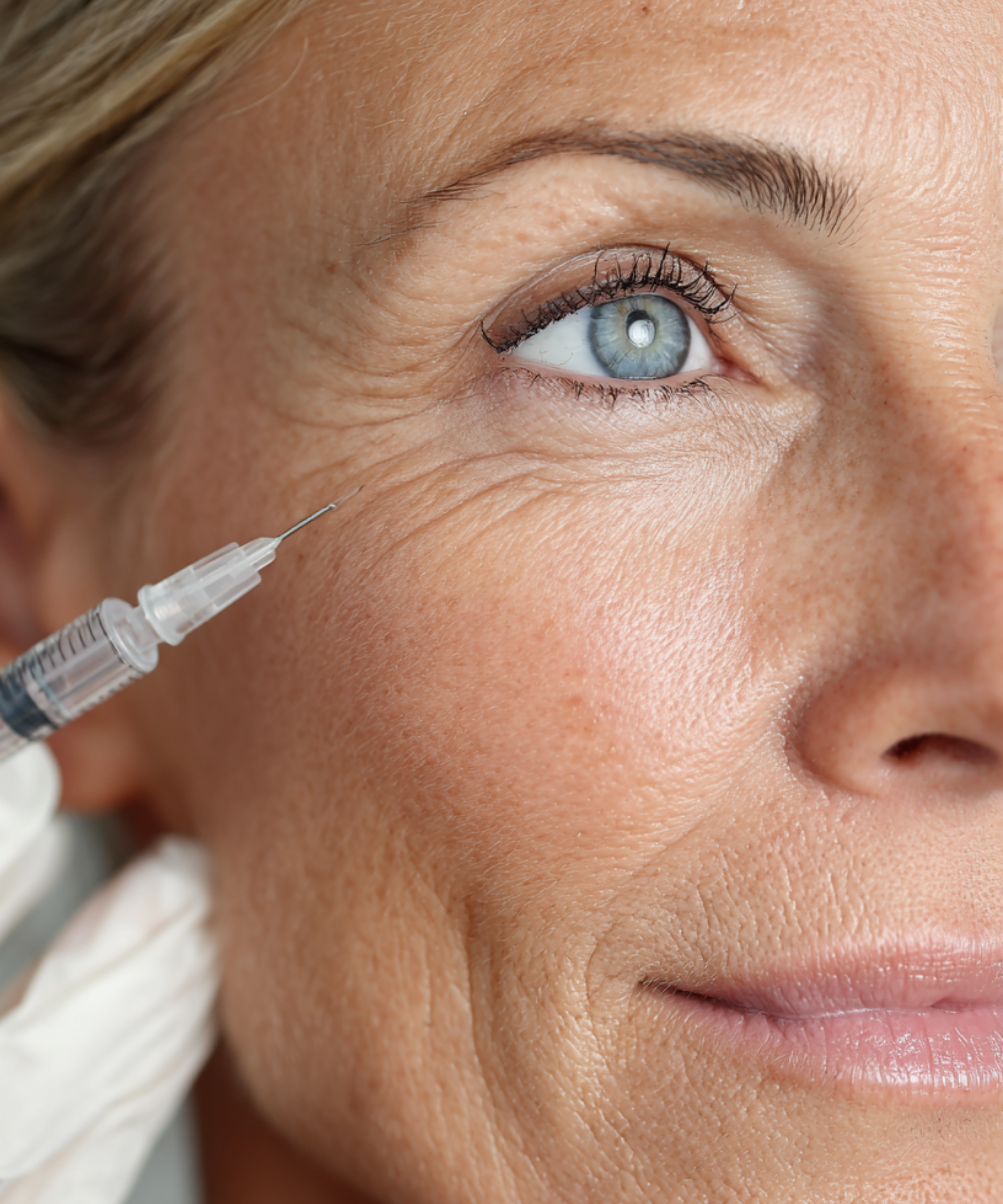 needle pierces neurotoxin in wrinkle area of woman's face