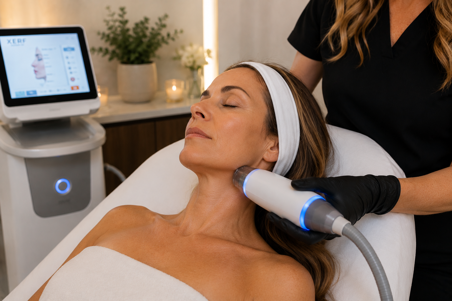 woman getting a XERF treatment combined with botox, filler, PDO threads