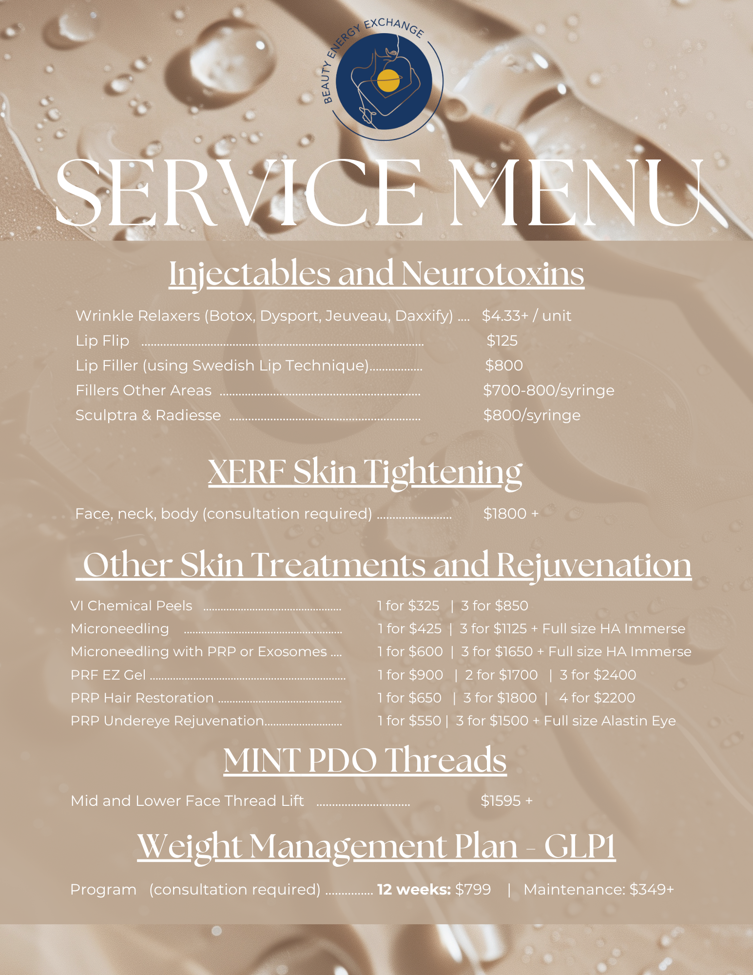 service menu and prices
