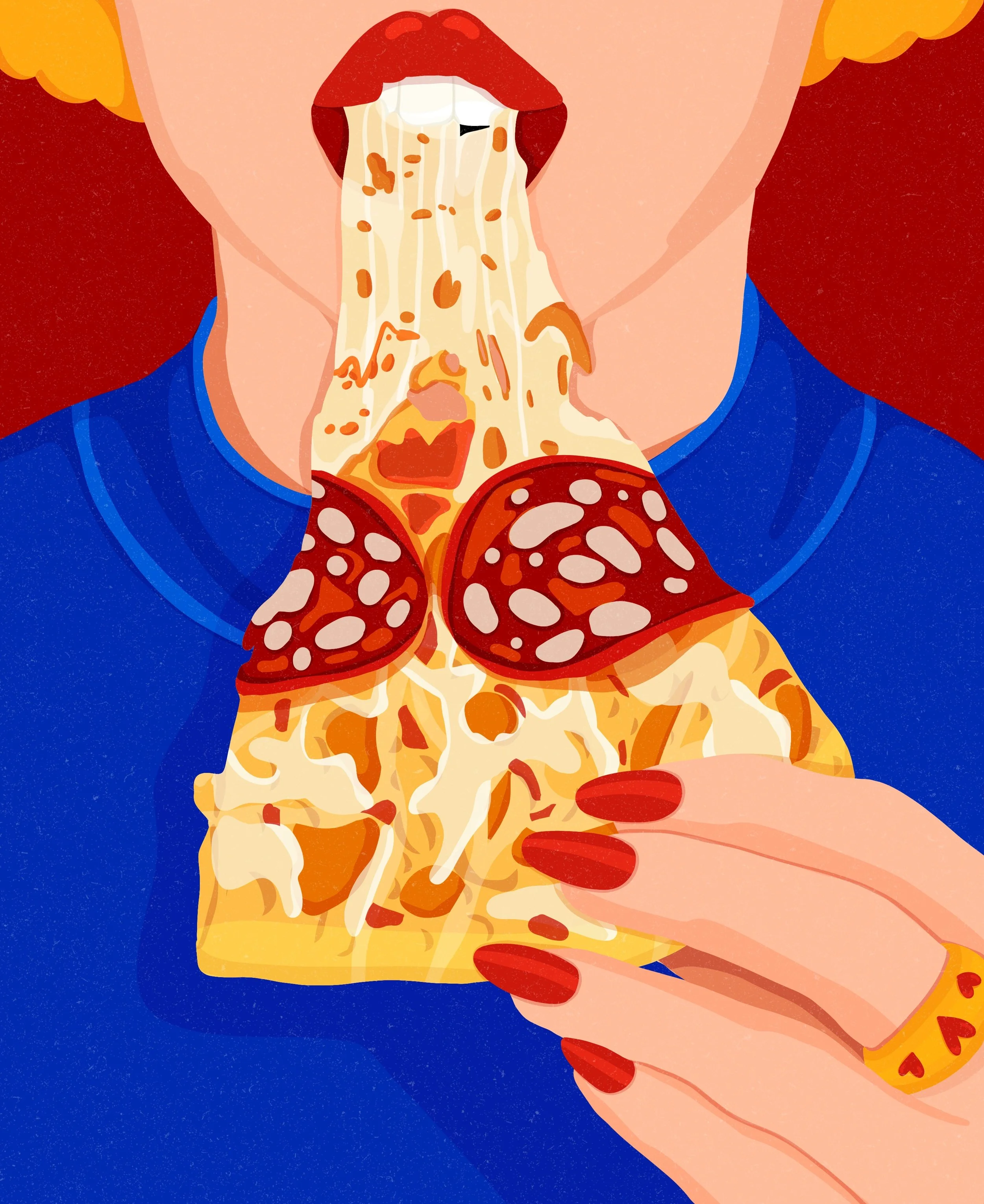   Girl with a Slice of Pizz    
  
Personal Work    
  
Illustration inspired by a photograph of Maddie Eickhoff.