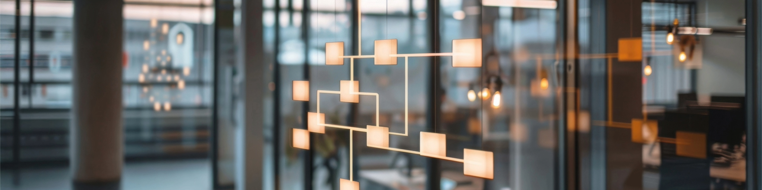 Modern office interior with illuminated geometric wall art and large glass windows.