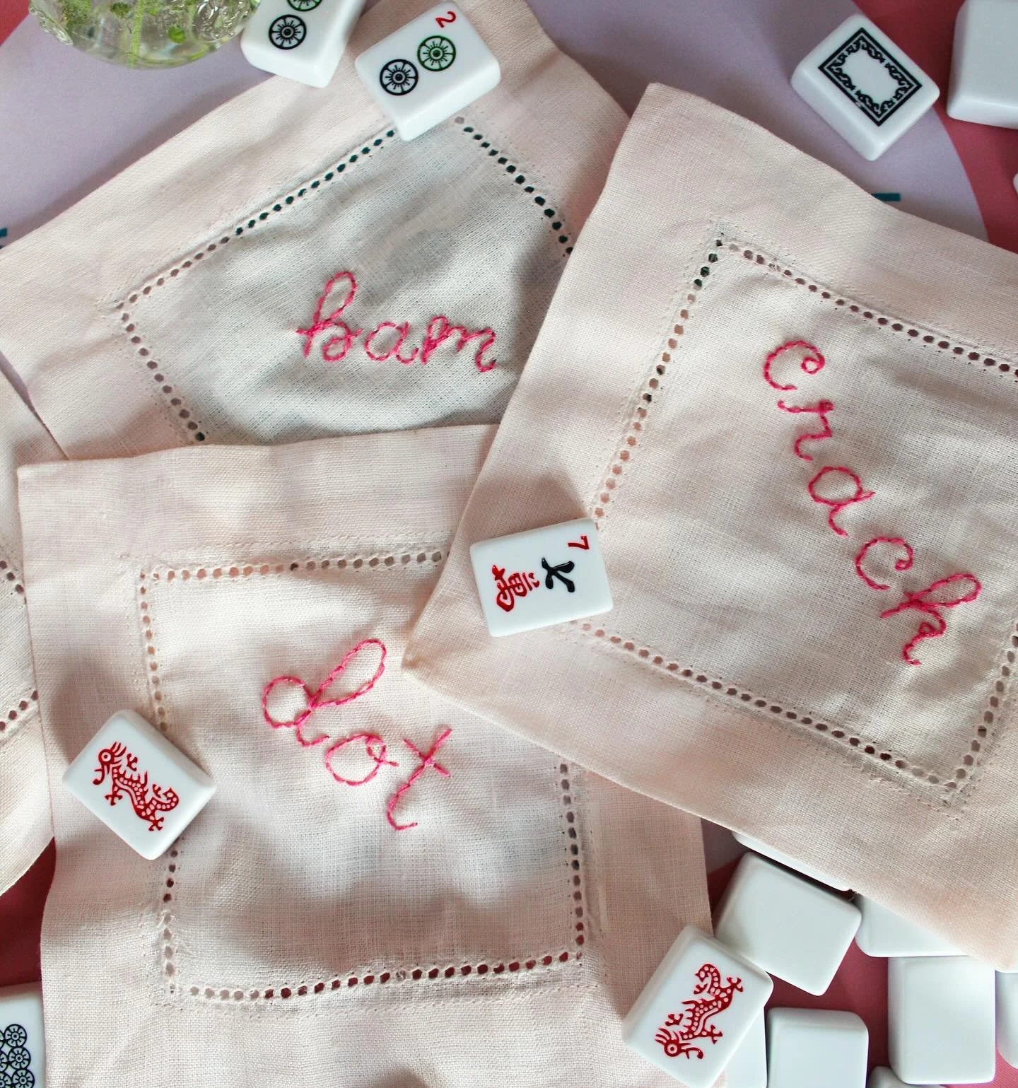 3/5 we are READY for you 👀🥂🀄️
&bull;
&bull;
#mahj #mahjong #cocktail #cocktailnapkins #stitch #custommade #handstitched #smallbusiness #shopsmall