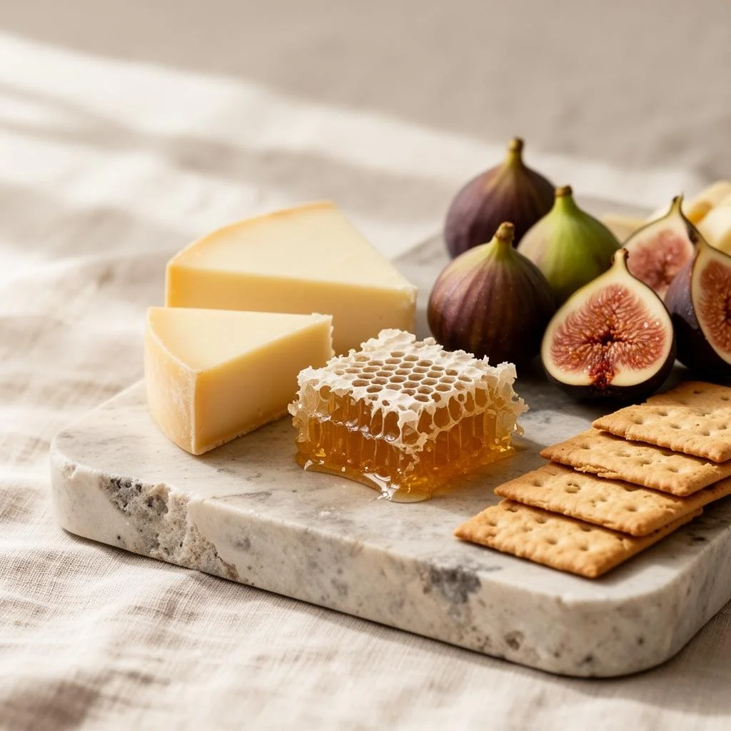 Cheese, honeycomb, fresh figs, and crackers on a marble cutting board.