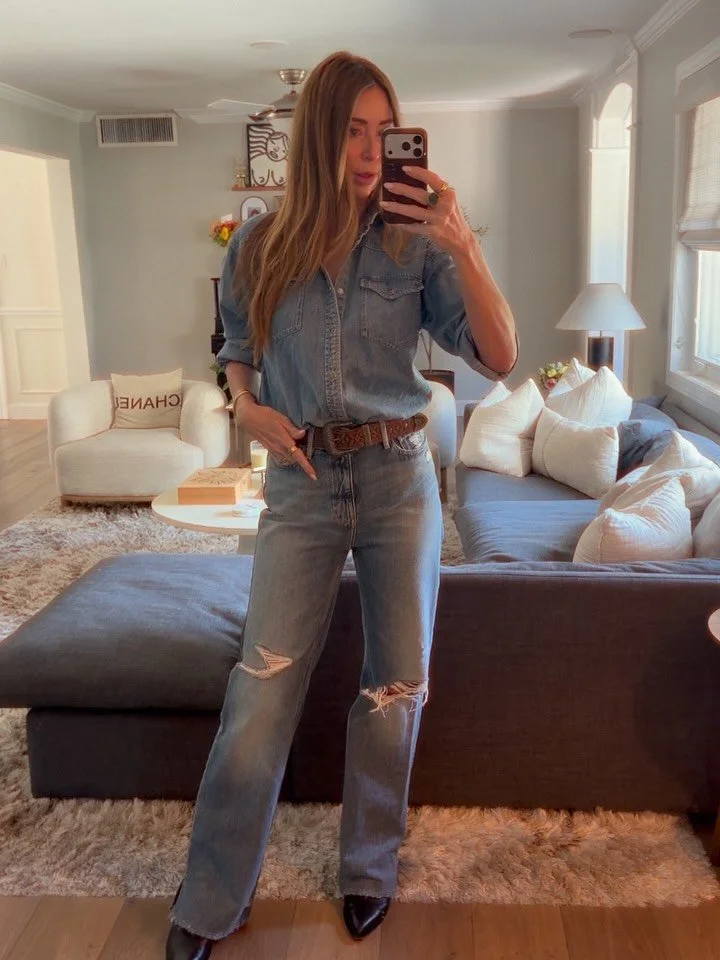 Denim on denim works because it creates a look that feels intentional without trying too hard. The key is mixing tones, textures, and silhouettes so the outfit has contrast while still feeling cohesive. 

Think structured denim paired with something 