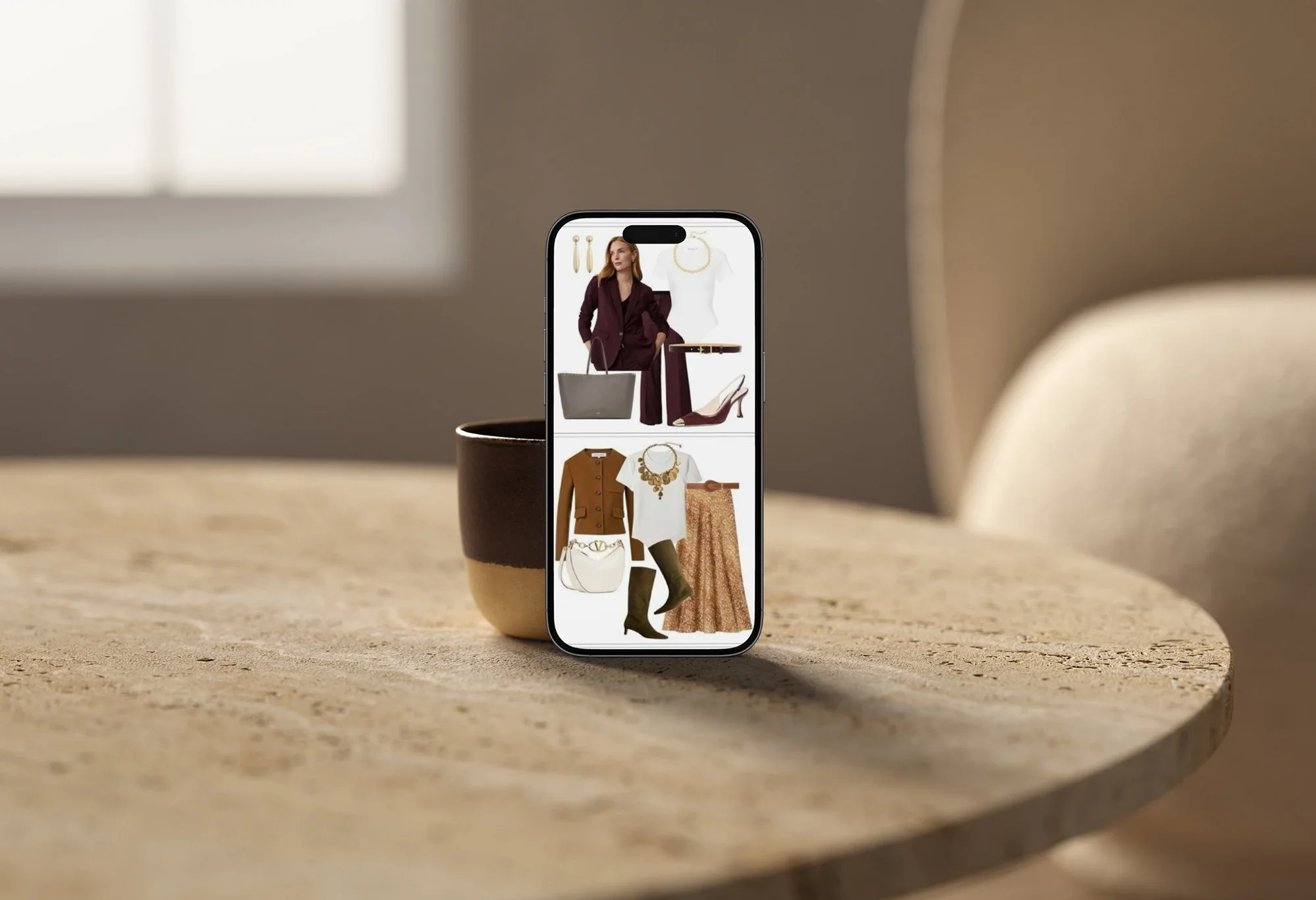 A smartphone on a beige surface displays an online fashion closet with images of women and various clothing items and accessories. A mug with a brown and beige color block pattern is in front of the phone.