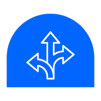 White directional arrows pointing in multiple directions on a blue background.