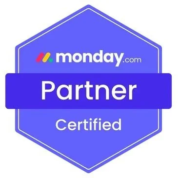 Monday.com Partner Certified badge in blue with white text and logo.