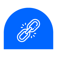 Icon of a broken chain link in white on a blue circular background.