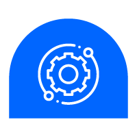 Icon of a gear with connecting nodes on a blue circular background.