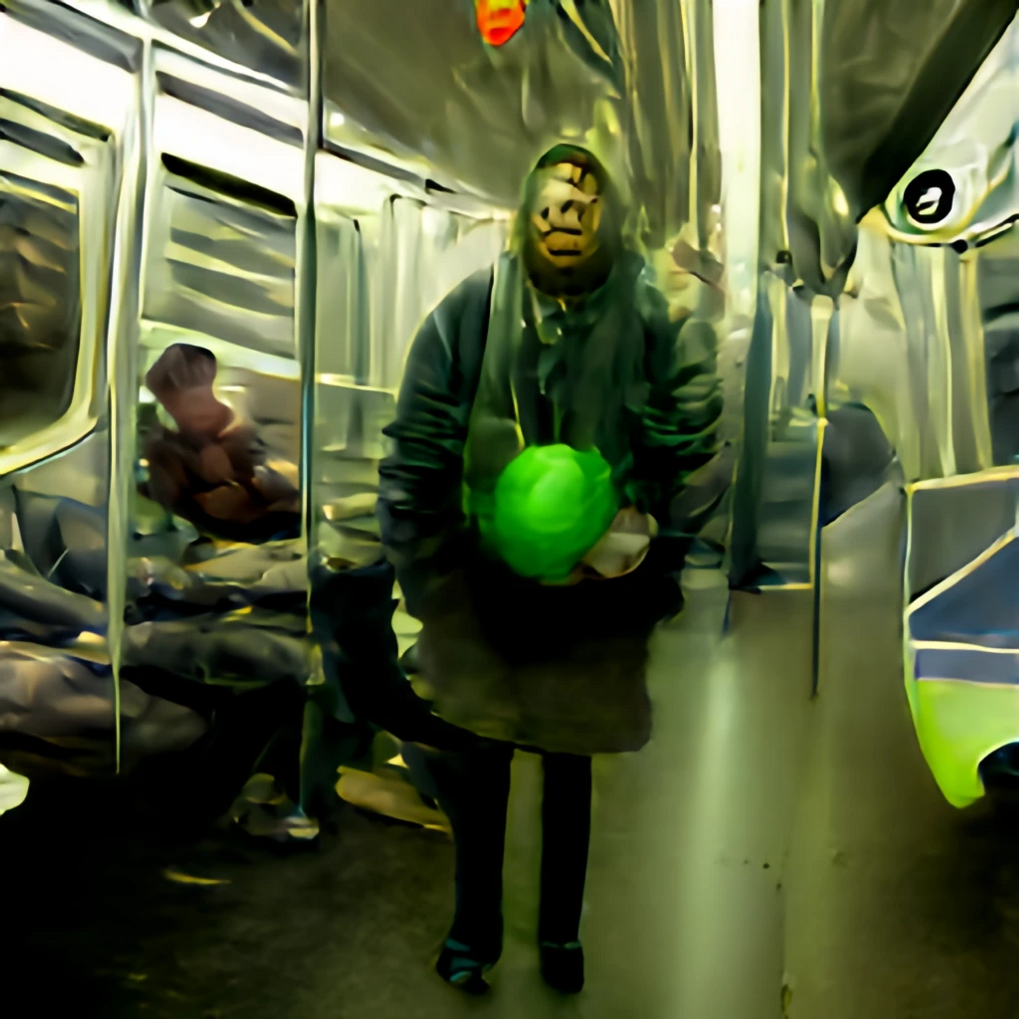 // human, subway train in nyc, virus, standing, spikes, green, viral, sphere, purple, fearful, confused, unconscious, visceral, shared suffering, cellular equity, porous, compromise, respectful, provide it with resources, nutrients, host, growth, ada