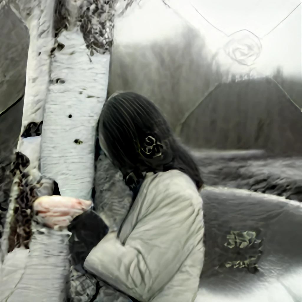 // human, mother, woods behind the house, sitting on a tree, sipping a coffee in the woods, next to a stream, my favorite birch tree, rough, bark texture, cold, dry, white, dirty white, black, energetic, loving, air-born, tactile, partnership, deepen