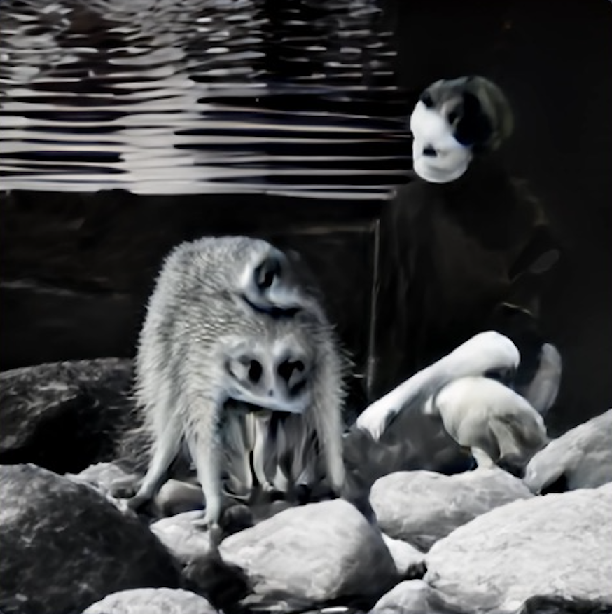 // human - woman, myself east river Marsha P Johnson State Park wild raccoon rocks by the water black and white colors green eyes in the dark textures lapping water rigid rocks furry mammal unsettling cute surprising familiar sighting pleasure to see