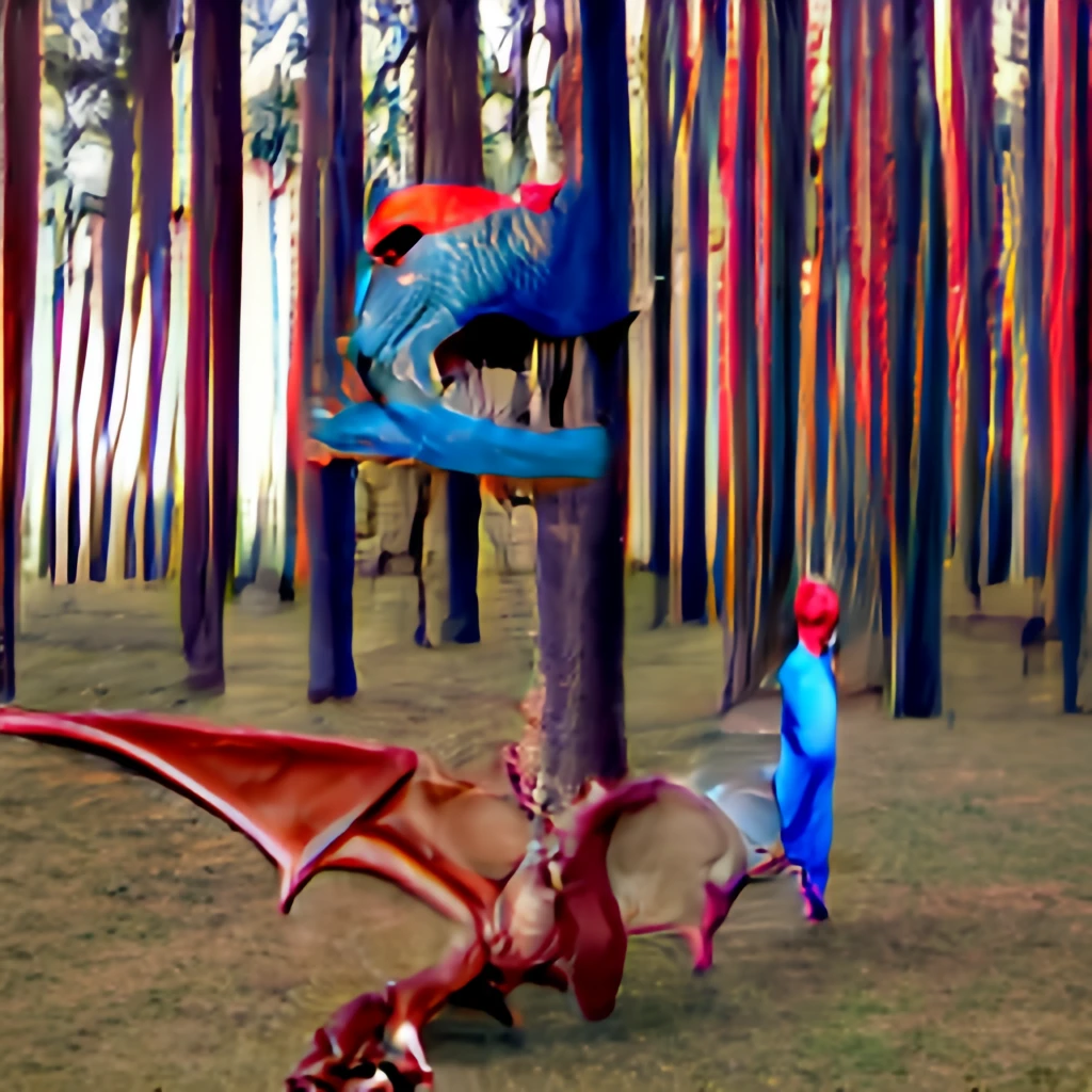 // human, person, pine forest, wyvern, standing, red, blue, scaly, new acquaintances, companionship, protection, friendship