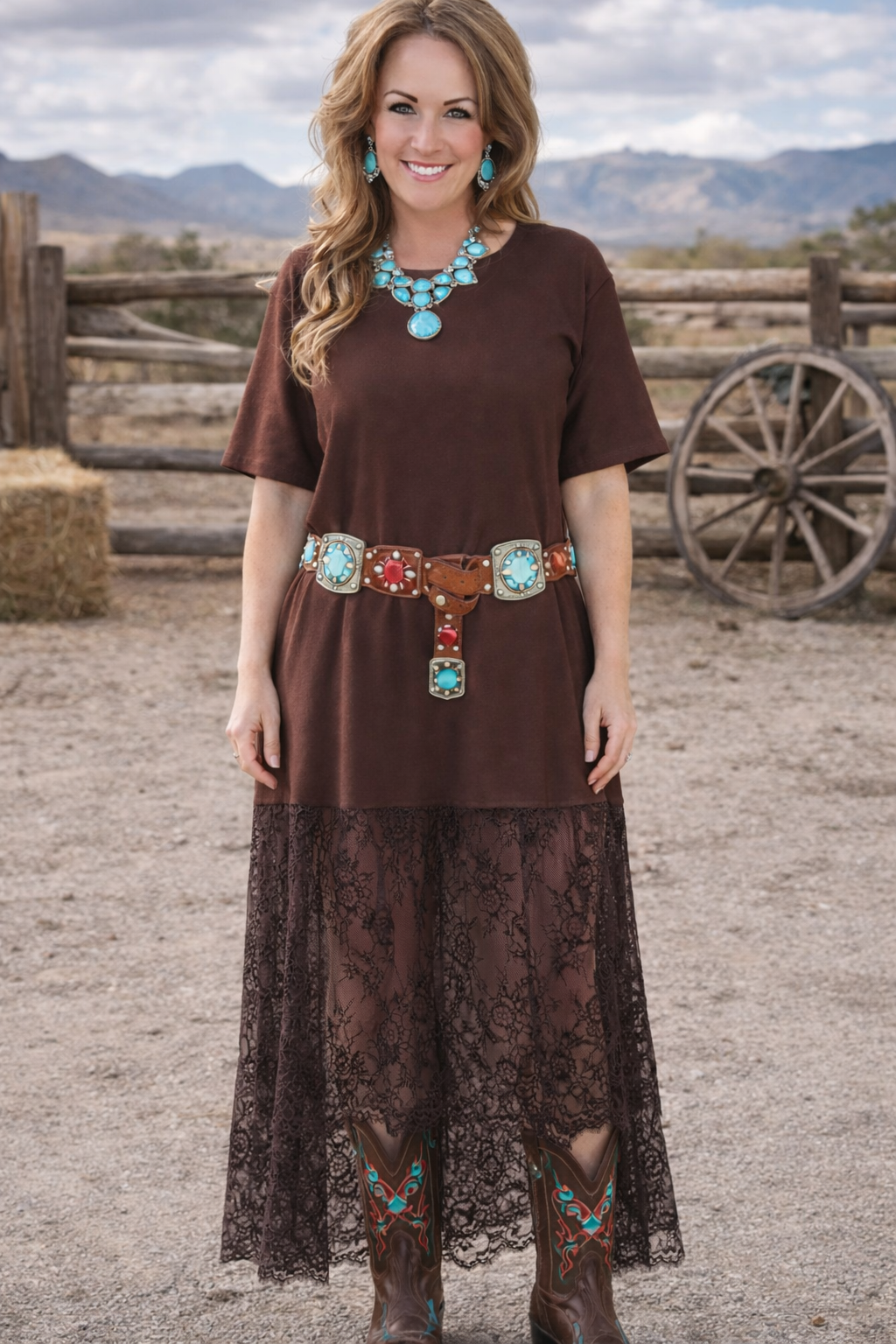 Western Lace Maxi Tee Dress in Sandlewood