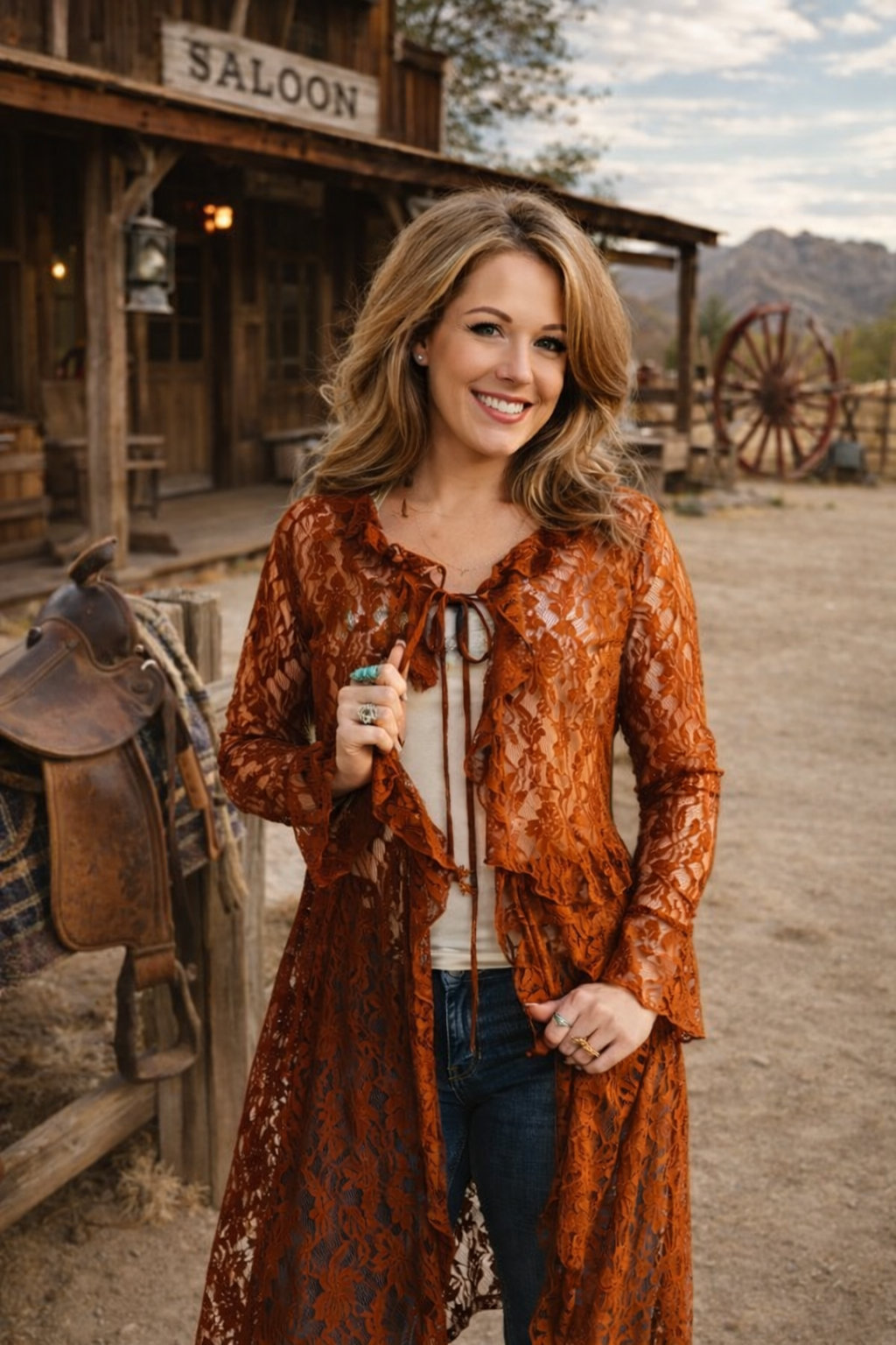 Vintage Ruffle Front Tie Duster in Terracotta