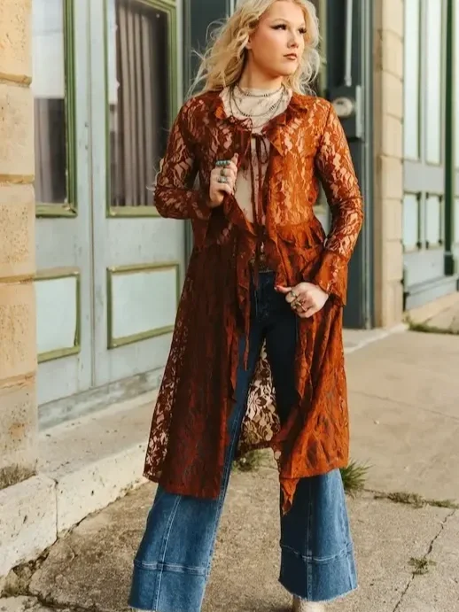 Vintage Ruffle Front Tie Duster in Terracotta
