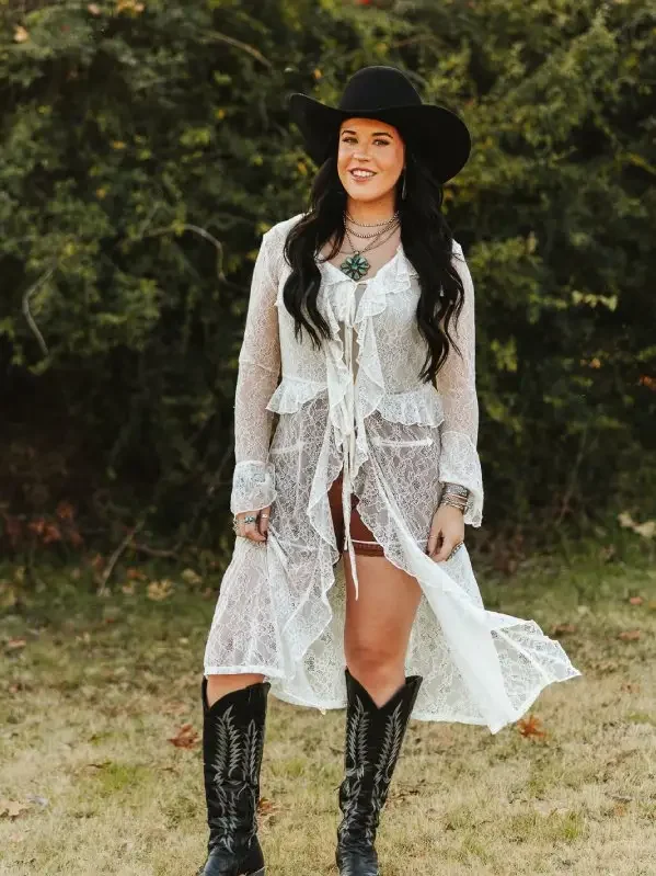 Vintage Ruffle Front Tie Duster in Cream