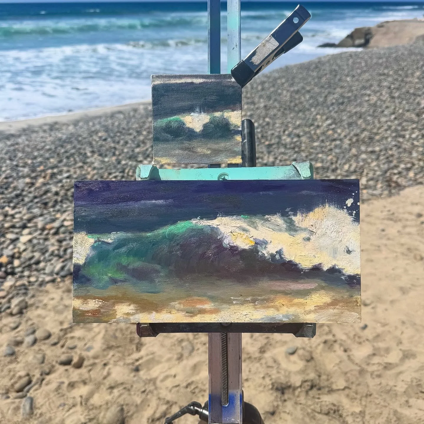 Plein air at Buccaneer Beach 🌊 

Today I had the wonderful opportunity to learn the secrets of the wave from @giamoodyfineart in a workshop that&rsquo;s in partnership with the Oceanside Plein Air Festival @oceansidemuseum 

I love how simple and dy