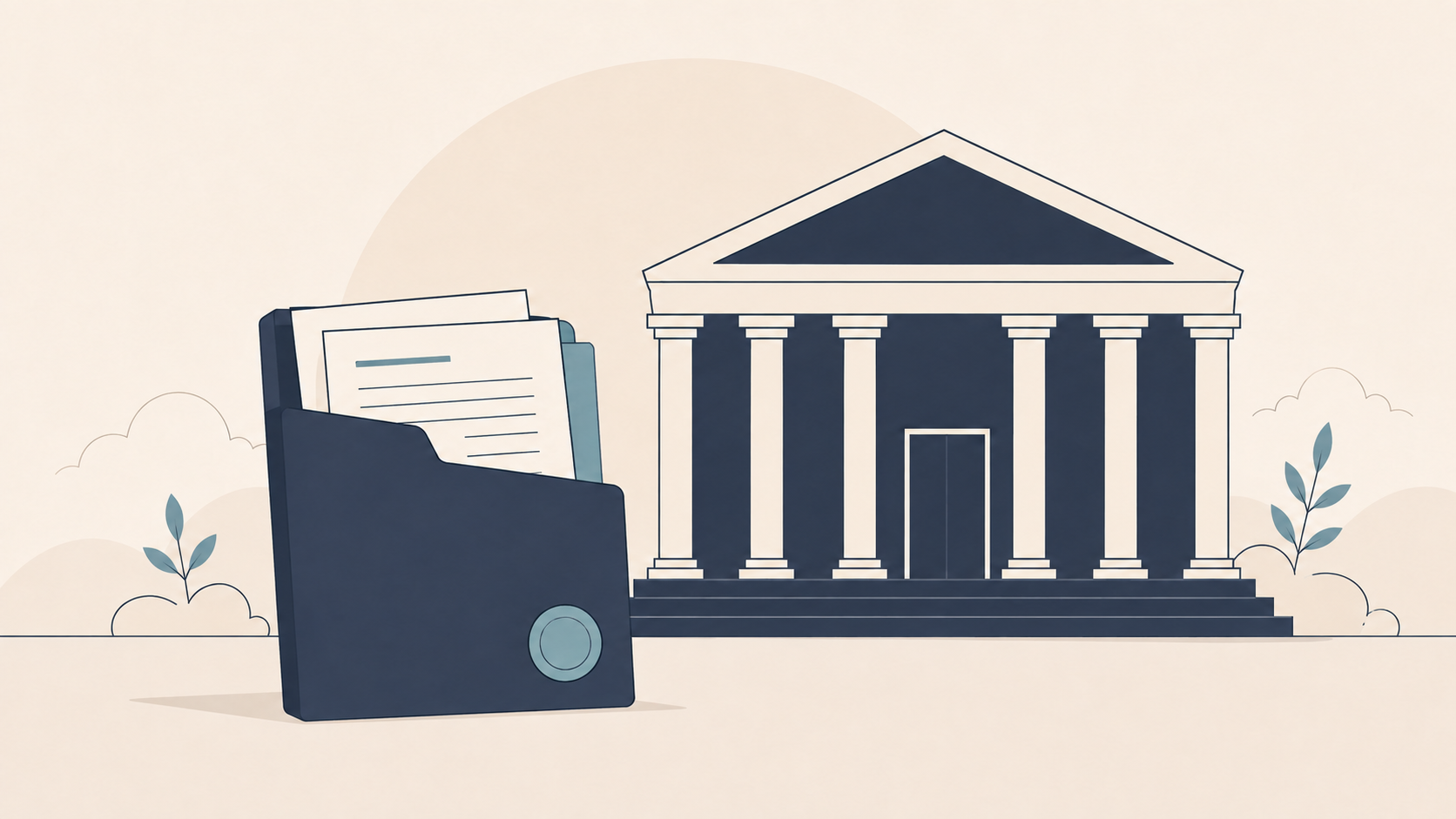 Flat illustration of a legal document with a teal seal standing before a simplified institutional building