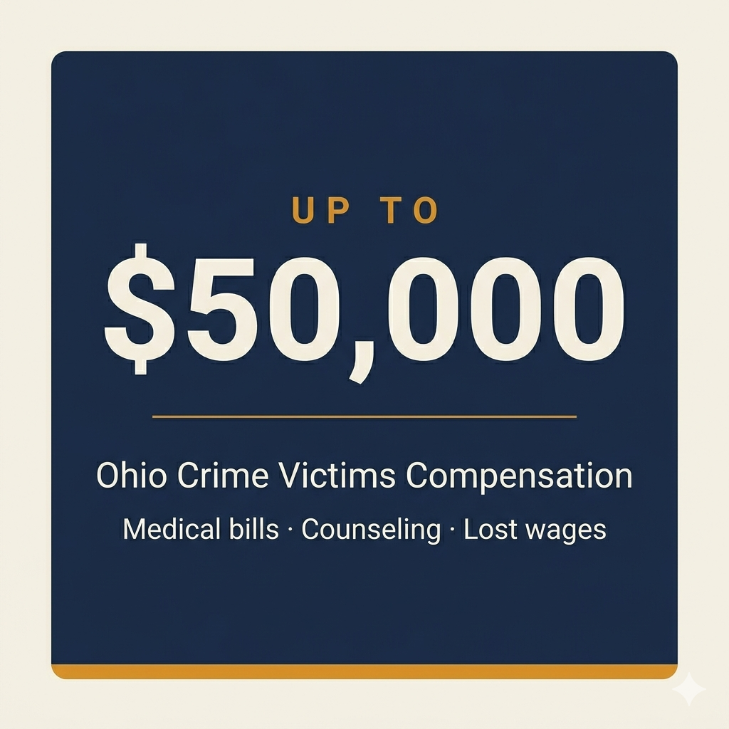 Stat card showing Ohio crime victims may receive up to $50,000 in compensation