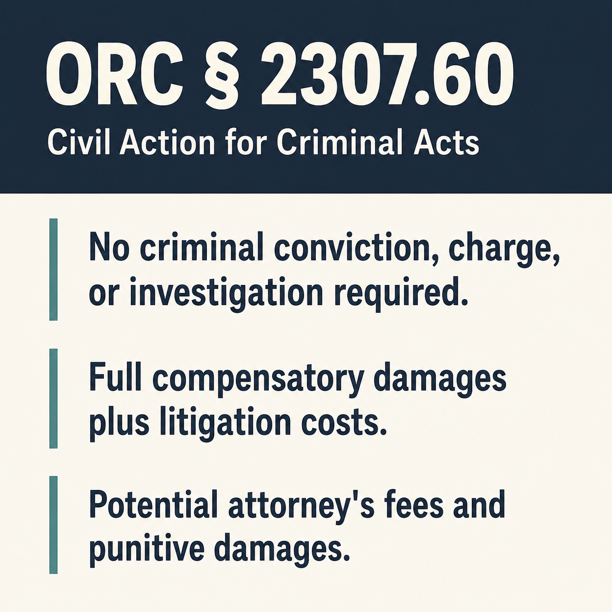 Infographic showing three key features of Ohio's ORC 2307.60 civil action statute