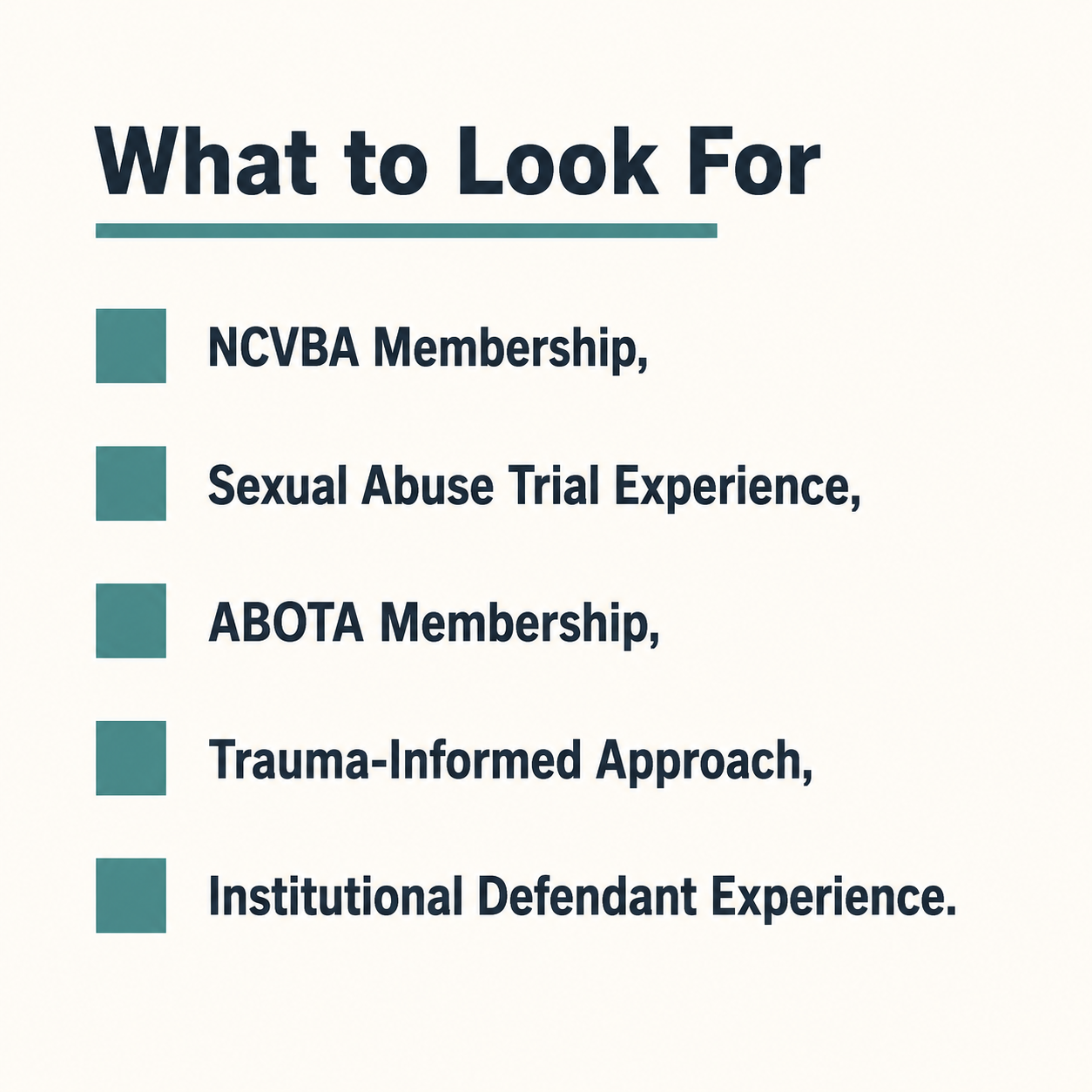 Checklist showing five key qualifications for a sexual assault civil attorney