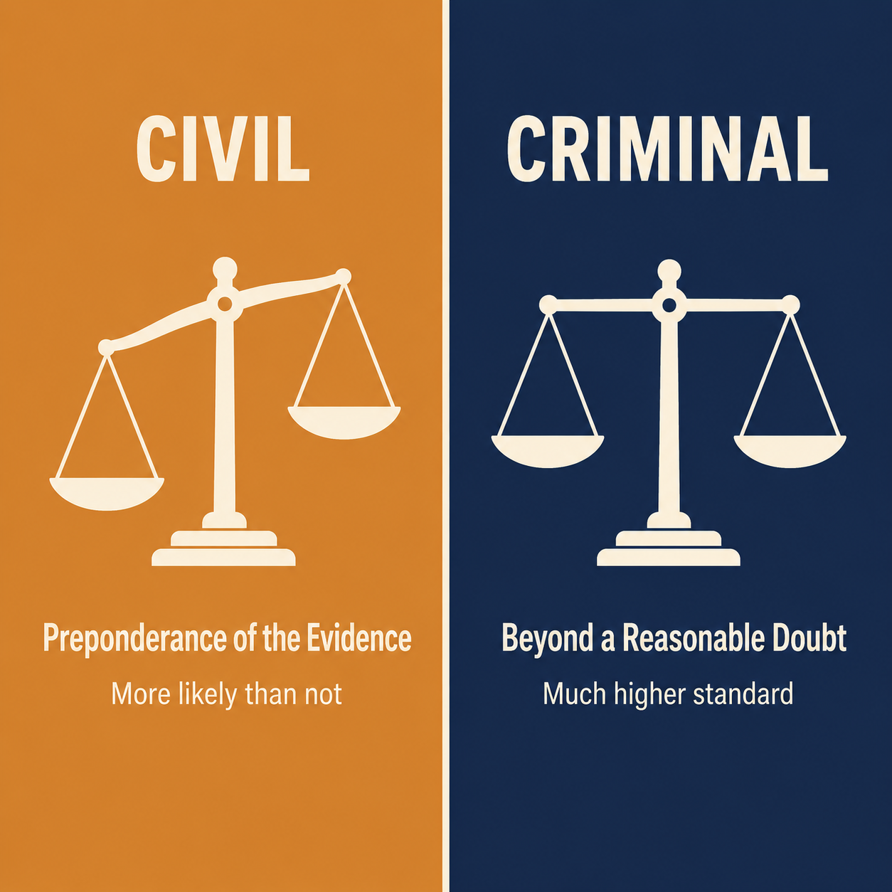 Split comparison showing civil cases require preponderance of evidence while criminal cases require beyond a reasonable doubt